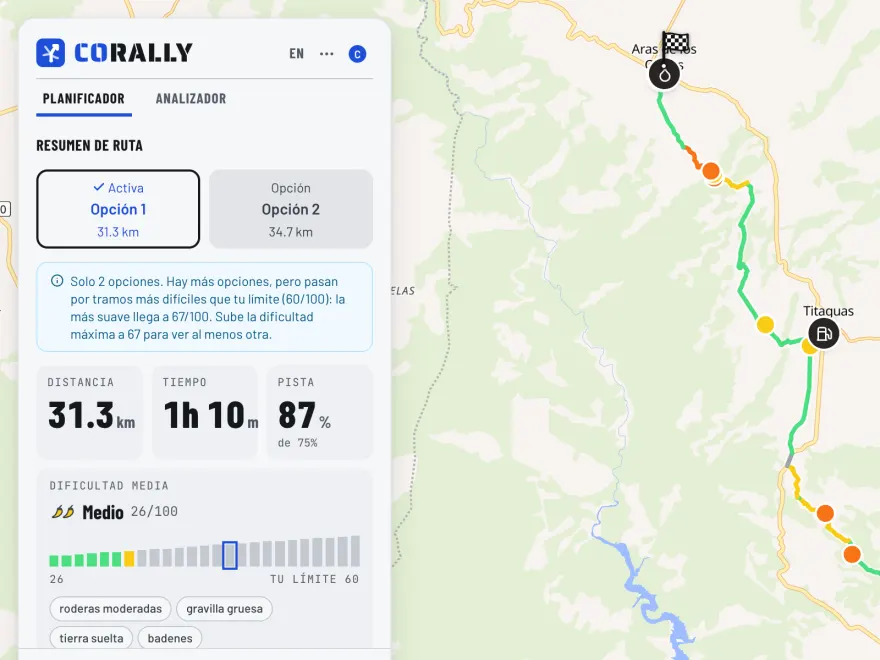 Una ruta calculada: tramos coloreados por dificultad y el resumen con kilómetros, tiempo y pista.