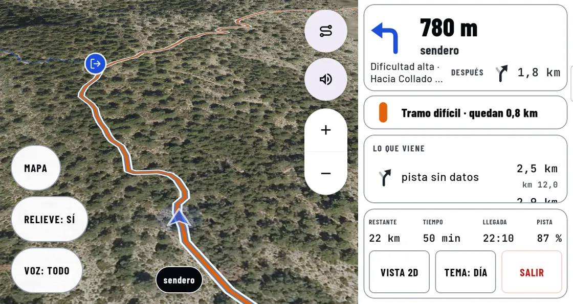 El navegador de la app de Corally en una tablet apaisada, en vista inclinada sobre satélite: el tramo difícil en naranja con la salida a carretera marcada y, al lado, el próximo giro, lo que queda de tramo difícil y lo que viene.